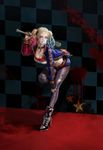  baseball_bat batman_(series) belt checkered choker dc_comics dccu full_body gradient gradient_background harley_quinn multicolored_hair short_shorts studded_belt suicide_squad twintails 