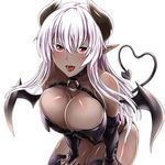  1girl black_gloves black_legwear blush breasts cleavage curvy dark_skin demon_girl elbow_gloves gloves heart heart_tail highres horns huge_breasts large_breasts leaning_forward looking_at_viewer open_mouth original pointy_ears simple_background smile solo sorono_wa_soro succubus tail thick_thighs thighhighs tsurime white_hair wings 