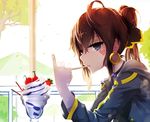  1girl bai_yemeng brown_hair cherry face_paint face_painting facepaint food fruit green_eyes heart ice_cream long_hair looking_at_viewer original pinky_out ponytail solo strawberry tattoo 