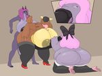  anthro big_breasts bow breasts clothing dickgirl dragon fellatio female group group_sex hair high_heels huge_breasts hyper hyper_penis intersex kangakshan leggings legwear muk nintendo oral overweight pdxyz penis pink_hair pok&eacute;mon purple_skin sex tanya_(mcnasty) thigh_sex threesome video_games 