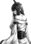  bare_shoulders breasts detached_sleeves from_behind fusou_(kantai_collection) greyscale headgear huge_breasts japanese_clothes kantai_collection kimono kimono_pull long_hair looking_back monochrome nontraditional_miko sitting solo suien 
