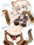  animal_ears bikini blonde_hair bottle brown_gloves carla_j_luksic cat_ears cat_tail chaps drinking fringe_trim gloves heart highres lavender_eyes long_hair low_twintails mishiro_shinza navel noble_witches solo striped striped_bikini swimsuit tail translation_request twintails twitter_username world_witches_series 