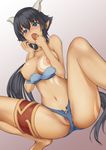  bad_id bad_pixiv_id bare_shoulders black_hair blue_eyes breast_press breast_tattoo breasts censored dark_skin embarrassed fang highres horns large_breasts long_hair momo_kyun_sword navel nipples onihime_(momokyun) oonaka_ito open_mouth pointy_ears ponytail pussy short_shorts shorts solo spread_legs tattoo very_long_hair 
