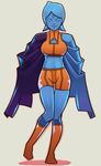  bangs blue_eyes blue_hair blue_skin boots breasts cape company_connection cosplay crossover fi forehead_jewel full_body gem halterneck highres jewelry knee_boots large_breasts light_smile lips looking_at_viewer metroid metroid:_zero_mission midriff no_pupils orange_footwear orange_shirt outline parted_bangs samus_aran samus_aran_(cosplay) shadow shirt short_hair short_shorts shorts simple_background smile solo splashbrush sports_bra standing super_smash_bros. the_legend_of_zelda the_legend_of_zelda:_skyward_sword thigh_gap turtleneck 