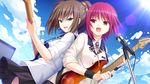  :d angel_beats! brown_hair game_cg grey_eyes guitar hisako_(angel_beats!) instrument iwasawa long_hair microphone multiple_girls na-ga open_mouth red_eyes red_hair school_uniform short_hair smile v-shaped_eyebrows 