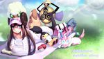  aegislash alternate_costume animal animal_on_head aran_sweater ass_pillow black_legwear blue_eyes blush book brown_hair double_bun dress gen_3_pokemon gen_4_pokemon gen_5_pokemon gen_6_pokemon gible highres long_hair lopunny lying mawile mei_(pokemon) off-shoulder_dress off-shoulder_sweater off_shoulder on_head on_stomach open_book poke_ball pokemon pokemon_(creature) pokemon_(game) pokemon_bw2 smile sweater sweater_dress sylveon thighhighs torieto twintails visor_cap whimsicott zettai_ryouiki 