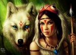  blue_eyes brown_hair fur mask mononoke_hime polearm san signature spear studio_ghibli weapon wolf 