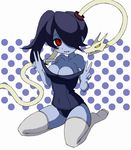  1girl blue_skin blush breasts cleavage hair_over_one_eye leviathan_(skullgirls) misaki_naoe polka_dot_background red_eyes side_ponytail skullgirls squigly_(skullgirls) stitched_mouth swimsuit thighhighs zombie 