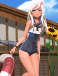  3d blue_eyes crop_top flower hair_flower hair_ornament highres jewelry kantai_collection legs lifebuoy long_hair mikumikudance one-piece_swimsuit ring ro-500_(kantai_collection) school_swimsuit smile solo sunflower swimsuit takashia_(akimototakashia) tan tanline torpedo white_hair 