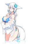  2015 animal_ears aqua_hair artist_name bare_shoulders bikini bikini_under_clothes blue_bikini blue_eyes blue_hair braid breast_hold breasts cleavage closed_mouth collarbone colored_tips cropped_legs crossed_arms dated eyebrows_visible_through_hair flower fox_ears fox_girl fox_tail front-tie_bikini front-tie_top frown hair_flower hair_ornament half-closed_eyes hibiscus hikimayu konshin large_breasts long_hair multicolored_hair off_shoulder orie_mishiro original reflection see-through shiny shiny_skin shirt short_eyebrows side-tie_bikini signature simple_background single_braid solo swimsuit tail two-tone_hair very_long_hair white_background white_hair white_shirt wide_sleeves 