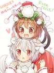  :3 :d animal_ears bare_shoulders brown_eyes brown_hair cat_ears cat_tail chen detached_sleeves dress fang green_hat hat ibaraki_natou inubashiri_momiji jewelry long_sleeves mob_cap multiple_girls multiple_tails nekomata open_mouth red_dress red_eyes short_hair silver_hair single_earring smile tail tokin_hat touhou translation_request two_tails white_background wolf_ears wolf_tail 