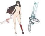  ban black_hair breasts brown_eyes choker groin hime_cut long_hair medium_breasts navel nipples nude original parted_lips prosthesis prosthetic_leg simple_background sketch solo weapon white_background 