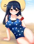  arm_support beach black_hair blush breasts brown_eyes covered_nipples hand_on_own_chest hat kantai_collection large_breasts long_hair polka_dot polka_dot_swimsuit sand scrunchie sitting solo sun_hat swimsuit tenken_(gotannda) ushio_(kantai_collection) wrist_scrunchie 