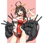  arms_up brown_hair cannon collarbone competition_swimsuit grey_eyes headgear heart highres interlocked_fingers kantai_collection kongou_(kantai_collection) long_hair machinery one-piece_swimsuit open_mouth smile solo swimsuit yaruku 