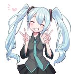  778-go ^_^ blue_hair closed_eyes detached_sleeves double_v grin hatsune_miku headphones long_hair necktie simple_background skirt smile solo twintails v vocaloid white_background 