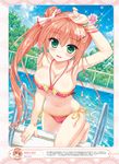  ameto_yuki artist_name bangle barefoot bikini blush bow bracelet breasts cameltoe cleavage cloud day dengeki_moeou green_eyes hair_bow highres jewelry jpeg_artifacts large_breasts long_hair looking_at_viewer open_mouth pink_hair pool red_bikini scan side-tie_bikini side_ponytail smile solo sparkle swimsuit 