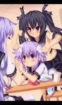  absurdres anger_vein black_hair blush d-pad d-pad_hair_ornament hair_ornament highres long_hair multiple_girls nepgear neptune_(choujigen_game_neptune) neptune_(series) noire planeptune purple_eyes purple_hair red_eyes school_uniform smile striped striped_legwear tears twintails 