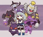  @_@ alternate_color banette belt belt_pouch blue_belt blue_fire blue_footwear bow clenched_teeth crazy_eyes dress drifloon dusknoir evil_smile fire floating gen_1_pokemon gen_3_pokemon gen_4_pokemon gen_5_pokemon gengar grey_hair hair_bow hair_ornament haruka_(pokemon) holding holding_poke_ball lampent looking_at_viewer mismagius one-eyed pocket poke_ball pokemon pokemon_(creature) pokemon_(game) pokemon_oras pouch purple purple_background purple_dress purple_eyes red_eyes satsumai shoes short_hair short_sleeves smile sneakers spikes standing striped striped_bow teeth vest 