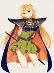  armor arms_behind_back bad_id bad_twitter_id blonde_hair blue_cape cape circlet contrapposto cropped_legs deedlit elf green_eyes grey_background long_hair looking_at_viewer pointy_ears record_of_lodoss_war shoulder_pads smile solo srb7606 standing sword tunic very_long_hair weapon 