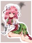  bandages bun_cover burn_mark chinese_clothes commentary_request cuffs double_bun flower highres ibaraki_kasen injury pink_eyes pink_hair rose short_hair skirt solo tabard torn_clothes touhou u2_(5798239) 