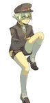  fomo green_eyes hat hotarumaru jacket loafers looking_at_viewer male_focus military_hat military_jacket shoes shorts simple_background sitting solo thighhighs touken_ranbu white_background white_hair white_legwear 