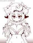  :&lt; betei bow bra breasts cleavage covered_nipples crescent crescent_hair_ornament hair_bow hair_ornament lace lace_bra large_breasts long_hair monochrome navel no_panties patchouli_knowledge shirt_lift sketch solo touhou underwear 