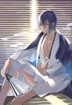  barefoot blinds blue_eyes blue_hair fan folding_fan hair_between_eyes indoors inkerpape japanese_clothes looking_away male_focus mikazuki_munechika open_clothes sayagata sitting smile smoke solo sunlight touken_ranbu 