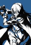  absurdres cape falchion_(fire_emblem) fire_emblem fire_emblem:_kakusei highres holding holding_weapon lucina marth_(fire_emblem:_kakusei) mask monochrome solo sword waterpupu weapon 