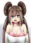  bare_shoulders blue_eyes breasts brown_hair cleavage double_bun fang large_breasts long_hair mei_(pokemon) no_hat no_headwear off-shoulder_sweater open_mouth pokemon pokemon_(game) pokemon_bw2 smile solo sweater swimsuit swimsuit_under_clothes torieto 