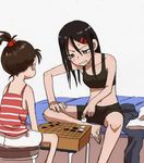  barefoot bike_shorts black_hair board_game brown_hair clenched_teeth clothes_removed collarbone commentary_request go hair_ornament hairband hairclip long_hair midriff multiple_girls original pants pants_removed shirt_removed sitting sports_bra sweatdrop teeth topknot yamamoto_souichirou 