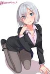  all_fours alternate_costume bad_id bad_twitter_id formal grey_hair hamakaze_(kantai_collection) highres jacket kantai_collection kyuuso_inukami office_lady pantyhose pencil_skirt short_hair skirt skirt_suit solo suit 