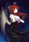  back bat_wings blue_background book book_hug book_stack colored_eyelashes eyelashes head_wings holding holding_book juliet_sleeves koakuma kz_nagomiya large_wings light_smile long_hair long_sleeves looking_at_viewer looking_to_the_side puffy_sleeves red_eyes red_hair skirt solo touhou vest wings 