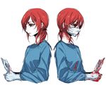  adjusting_clothes adjusting_gloves blood bloody_clothes dual_persona gloves hair_tie highres long_sleeves love_live! love_live!_school_idol_project low_ponytail mask multiple_girls nishikino_maki purple_eyes red_hair simple_background sketch surgical_mask upper_body waterpupu white_background white_gloves 