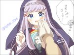  1girl blue_eyes blush chipper_(ole_tower) feeding fingernails food gloves hat head_scarf holding ole_tower open_mouth out_of_frame pov pov_hands shinkaisakana simple_background thought_bubble translation_request upper_body white_background white_gloves 
