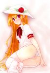  alternate_color ass blonde_hair blush hat hinanawi_tenshi long_hair lying no_pants no_shoes on_side pandamonium panties red_eyes short_sleeves solo thighhighs touhou underwear very_long_hair white_legwear white_panties 