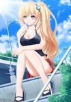  alternate_hairstyle artist_name blonde_hair blue_eyes casual cloud day keenh long_hair neptune_(series) resized side_ponytail sitting sitting_on_stairs sky solo stairs vert 