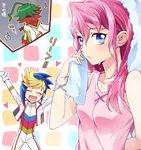  2boys ahoge blonde_hair blue_eyes blue_hair bracelet camisole chikariya goggles goggles_on_head green_hair hair_down heart hiiragi_yuzu jacket_on_shoulders jewelry jumpsuit multicolored_hair multiple_boys pink_hair red_hair sakaki_yuuya towel two-tone_hair wet yuu-gi-ou yuu-gi-ou_arc-v yuugo_(yuu-gi-ou_arc-v) 