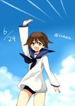  :d arms_up blue_sky brown_eyes brown_hair cloud condensation_trail cowboy_shot dated day flipped_hair kodamari long_sleeves miyafuji_yoshika one-piece_swimsuit open_mouth school_swimsuit school_uniform serafuku short_hair sky smile solo strike_witches swimsuit twitter_username world_witches_series 