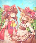  ascot blonde_hair bow braid brown_hair closed_eyes embellished_costume hair_bow hair_tubes hakurei_reimu hat karioda kirisame_marisa long_hair multiple_girls one_eye_closed open_mouth petals ribbon skirt_hold smile touhou witch_hat yellow_eyes 