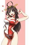  arms_up brown_hair collarbone competition_swimsuit grey_eyes headgear heart highres interlocked_fingers kantai_collection kongou_(kantai_collection) long_hair one-piece_swimsuit open_mouth smile solo swimsuit yaruku 