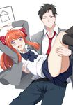  1girl black_eyes black_hair black_legwear blazer bow carrying gekkan_shoujo_nozaki-kun hair_bow hews_hack highres jacket kneehighs necktie nozaki_umetarou open_mouth orange_hair polka_dot polka_dot_bow princess_carry purple_eyes rouman_academy_uniform sakura_chiyo school_uniform smile 