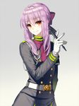  armband bow cowboy_shot gloves grey_background hair_bow hiiragi_shinoa long_hair looking_at_viewer owari_no_seraph purple_hair red_eyes smile solo srb7606 uniform white_gloves 