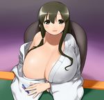  bad_id bad_twitter_id blush breast_rest breasts brown_eyes brown_hair cleavage gigantic_breasts hishigata iwato_kasumi japanese_clothes long_hair pen saki solo 