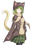  1girl absurdres animal_ears animal_hat atalanta_(fate) bangs belt belt_buckle black_legwear blush brown_belt brown_coat brown_hat brown_scarf brown_sweater buckle cabbie_hat cat_ears cat_girl cat_hat cat_tail closed_mouth coat eyebrows_visible_through_hair fate/apocrypha fate_(series) gradient_hair green_eyes green_hair green_skirt hair_between_eyes hat head_tilt highres kirishina_(raindrop-050928) light_brown_hair long_sleeves looking_at_viewer multicolored_hair open_clothes open_coat pantyhose plaid plaid_skirt pleated_skirt scarf simple_background skirt sleeves_past_wrists smile solo sweater tail tail_raised white_background 