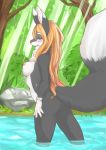  2018 anthro blonde_hair blush breasts butt canine chest_tuft day female fluffy fluffy_tail fox fur grey_fur hair mammal nipples nude outside pink_eyes solo standing tuft wanko0487 wet white_fur 箱內 