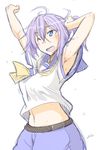  ahoge aoba_(kantai_collection) armpits arms_up artist_name belt blue_eyes breasts fue_(rhomphair) hair_between_eyes kantai_collection large_breasts messy_hair navel one_eye_closed open_mouth ponytail purple_hair school_uniform serafuku short_hair shorts signature simple_background smile solo stretch sweat white_background 