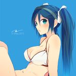  bare_arms bare_legs blue_background blue_eyes blue_hair breasts dated from_side hair_between_eyes hair_ribbon hairband highres isuzu_(kantai_collection) kantai_collection large_breasts long_hair looking_at_viewer midriff navel open_mouth ribbon simple_background sitting solo swimsuit tebi_(tbd11) twintails white_swimsuit 