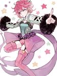  earrings harold_berselius jewelry negi_(loveyr) one_eye_closed pink_eyes pink_hair pink_legwear short_hair shorts solo star starry_background tales_of_(series) tales_of_destiny_2 thigh_strap thighhighs white_background 