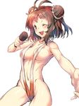  antenna_hair breasts brown_hair double_bun highres kantai_collection microphone naka_(kantai_collection) navel one_eye_closed open_mouth redcomet slingshot_swimsuit smile solo swimsuit 
