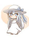  absurdres arm_behind_back bare_shoulders blue_eyes blue_ribbon dress hair_between_eyes hand_on_headwear hat hat_ribbon hibiki_(kantai_collection) highres idaten93 kantai_collection long_hair looking_at_viewer mouth_hold ribbon simple_background solo sun_hat sundress very_long_hair white_dress white_hair white_hat 